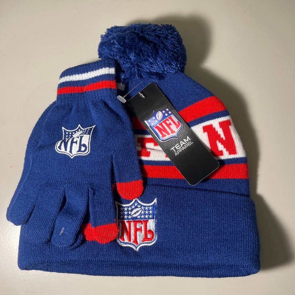 NFL Logo Pom Beanie Hat Cap and Gloves Set Blue White Red - NEW